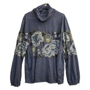 Double D Ranch Blue Floral Embroidered Cowl Neck Sweater Top 1X